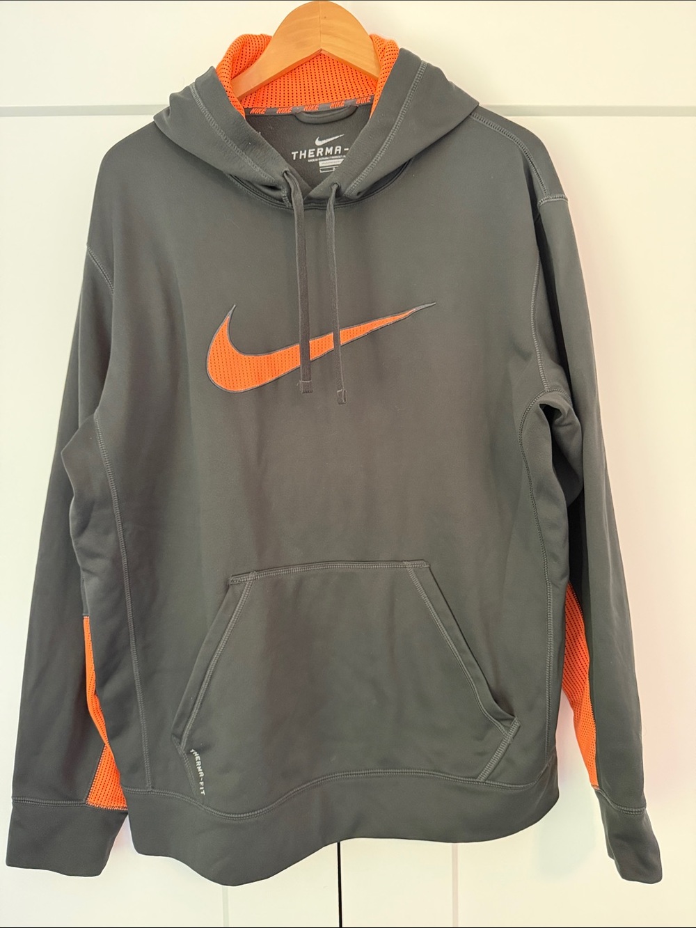 Nike Men's Dark Gray Hoodie with Orange Swoosh